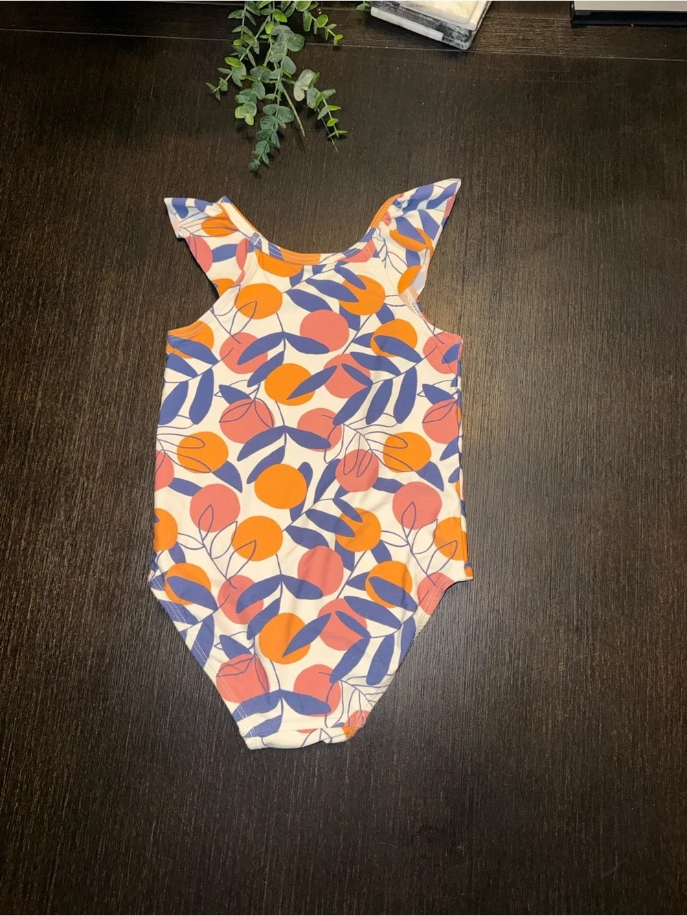 Tea Collection Orange & Purple Leaf Print Ruffle One-Piece Swimsuit